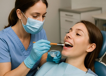 Dentist in blue scrubs and gloves applying fluoride to patient’s teeth