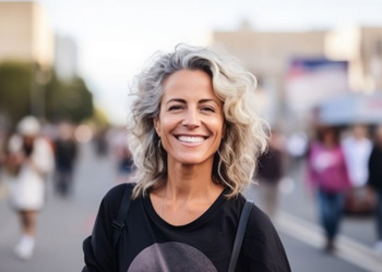 Happy, smiling woman standing outdoors on busy street