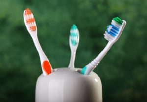 three toothbrushes in a toothbrush holder