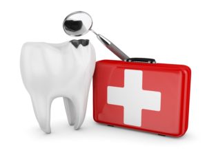 a staged image of a tooth next to an emergency cross symbol and a mirror