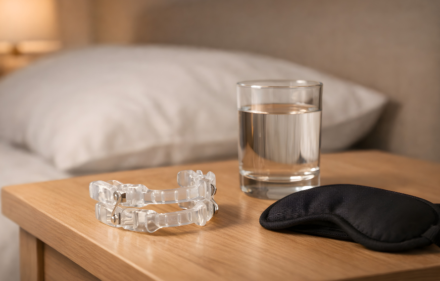 Nightguard with water and sleep mask on a nightstand